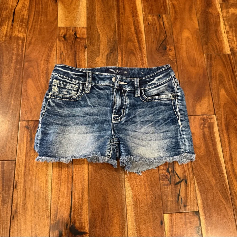 Miss Me Denim Blue girl Shorts size 14 adjustable waist cheetah print sequins - Picture 1 of 3